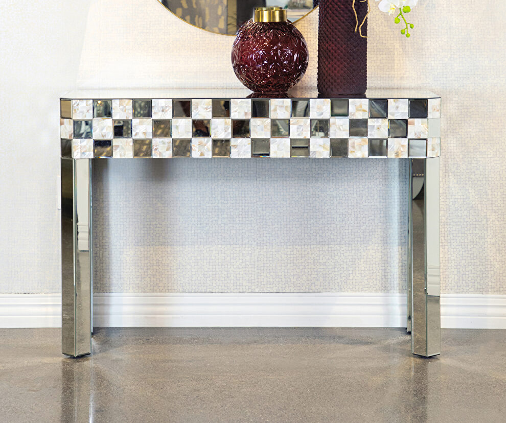 Elegantly designed in a mother of pearl console table by Coaster