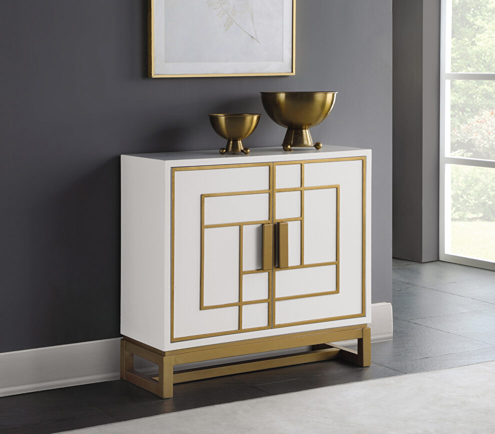 Geographical fret lines in contrasting gold accent cabinet by Coaster