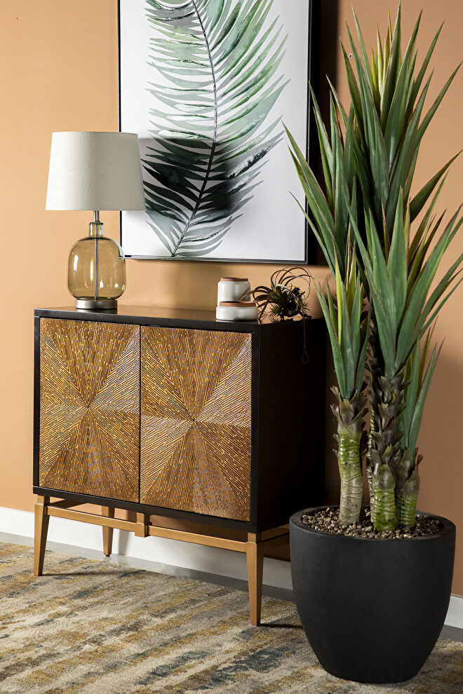 Hand created sunburst textured pattern on doors accent cabinet by Coaster