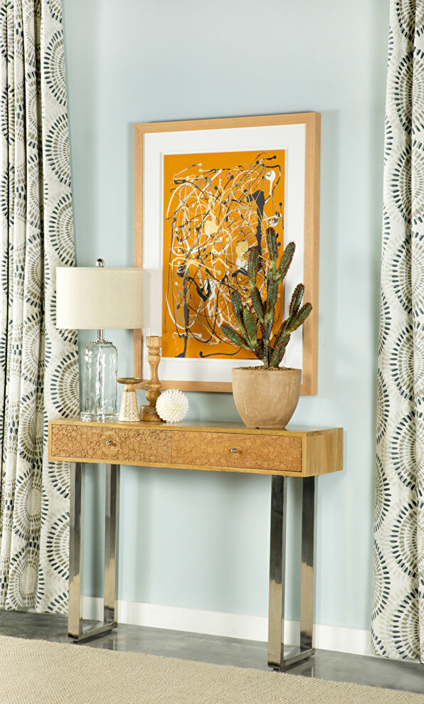 Natural finish solid eco-friendly mango wood console table w/ hand carved drawers by Coaster