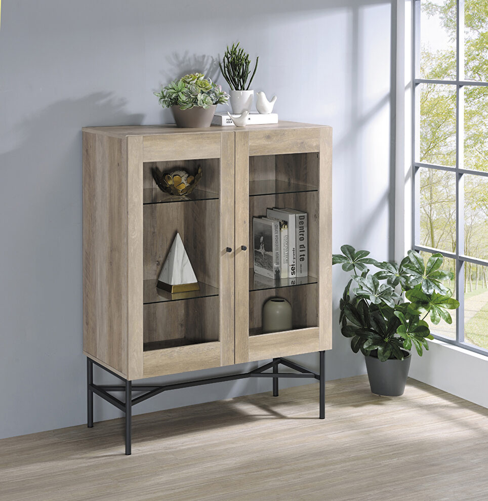 Antique pine finish wood 2-door accent cabinet with glass shelves by Coaster