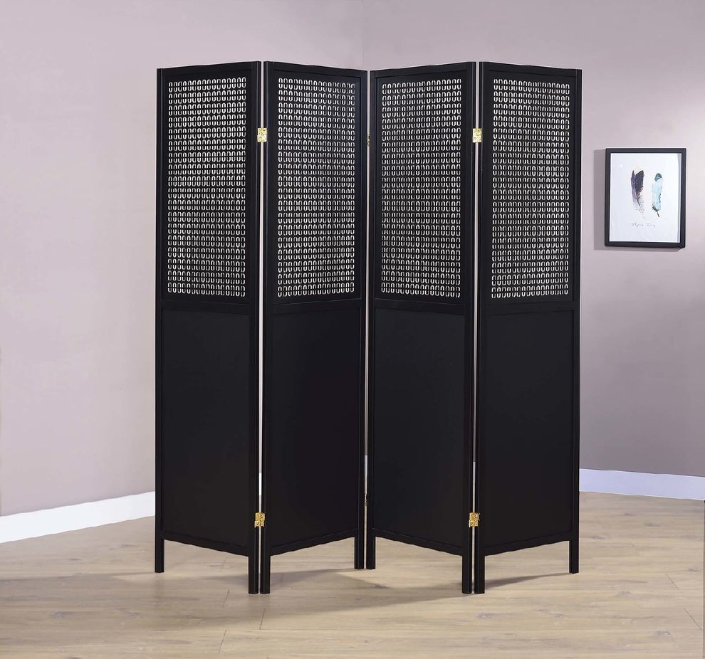 Contemporary black four-panel screen by Coaster