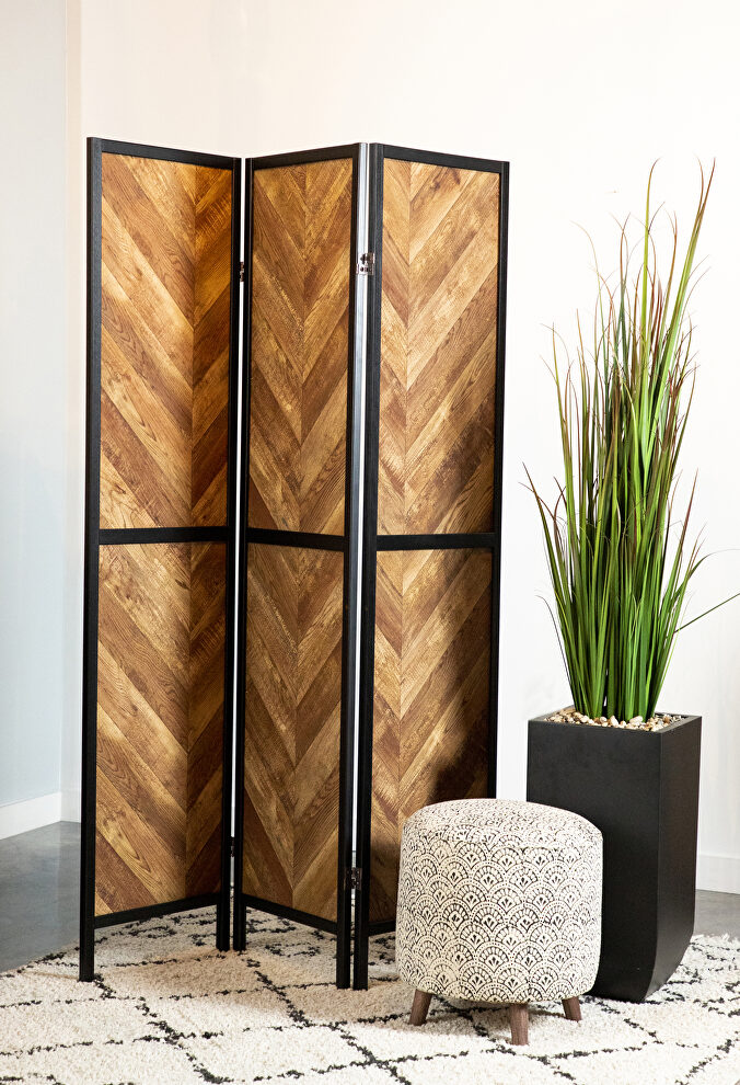 Rustic tobacco herringbone 3 panel screen by Coaster
