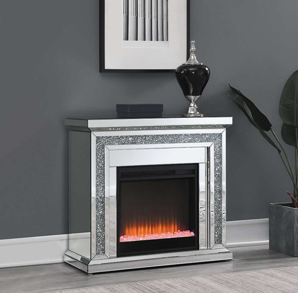 Mirror finish rectangular freestanding fireplace by Coaster