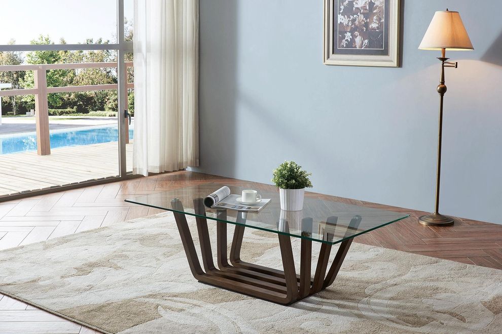 Glass top coffee table with unique table base by ESF