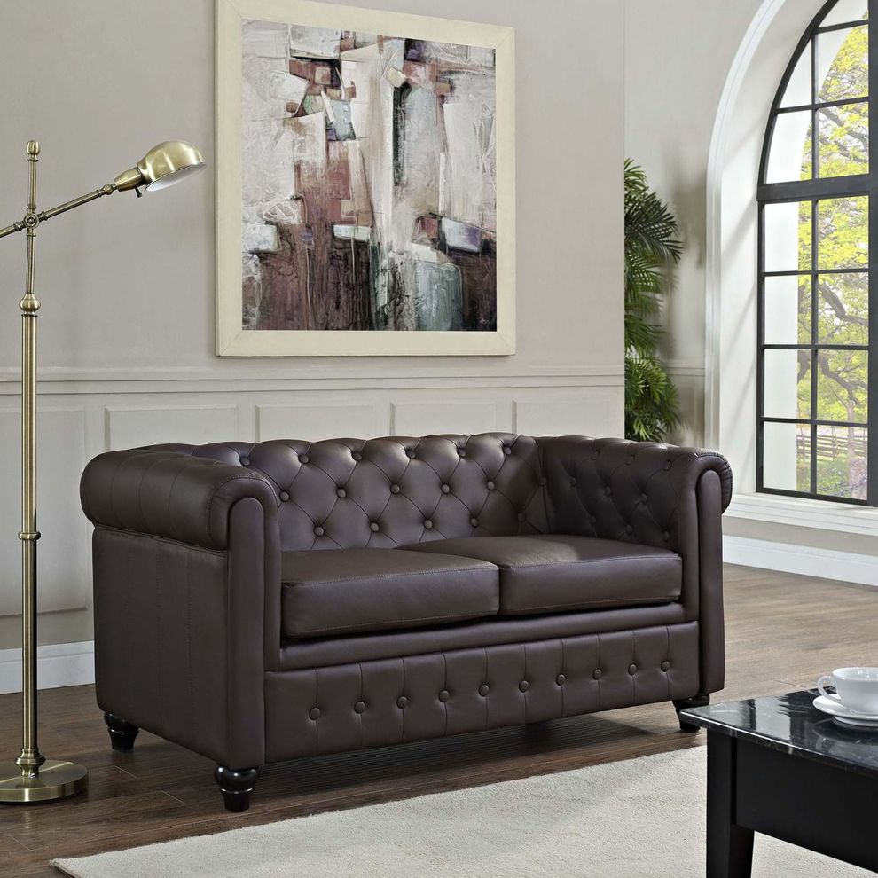 Brown vinyl desgner replica tufted loveseat by Modway