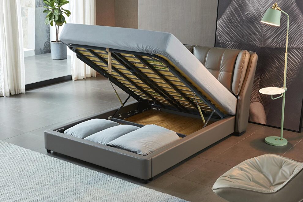 Stylish lift storage full bed in gray leather by ESF