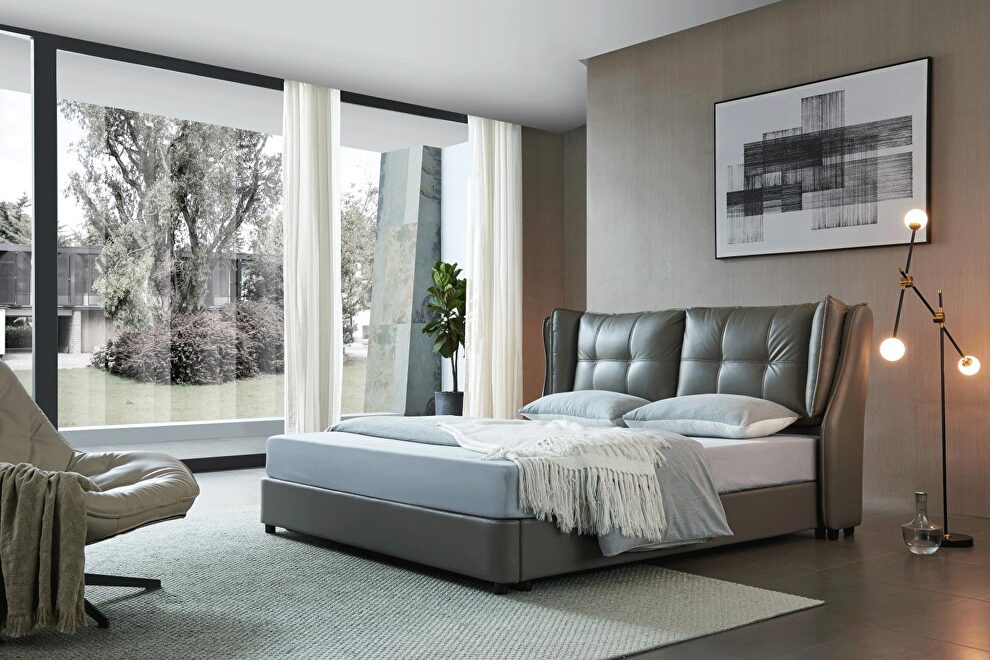 Stylish lift storage bed in gray leather by ESF