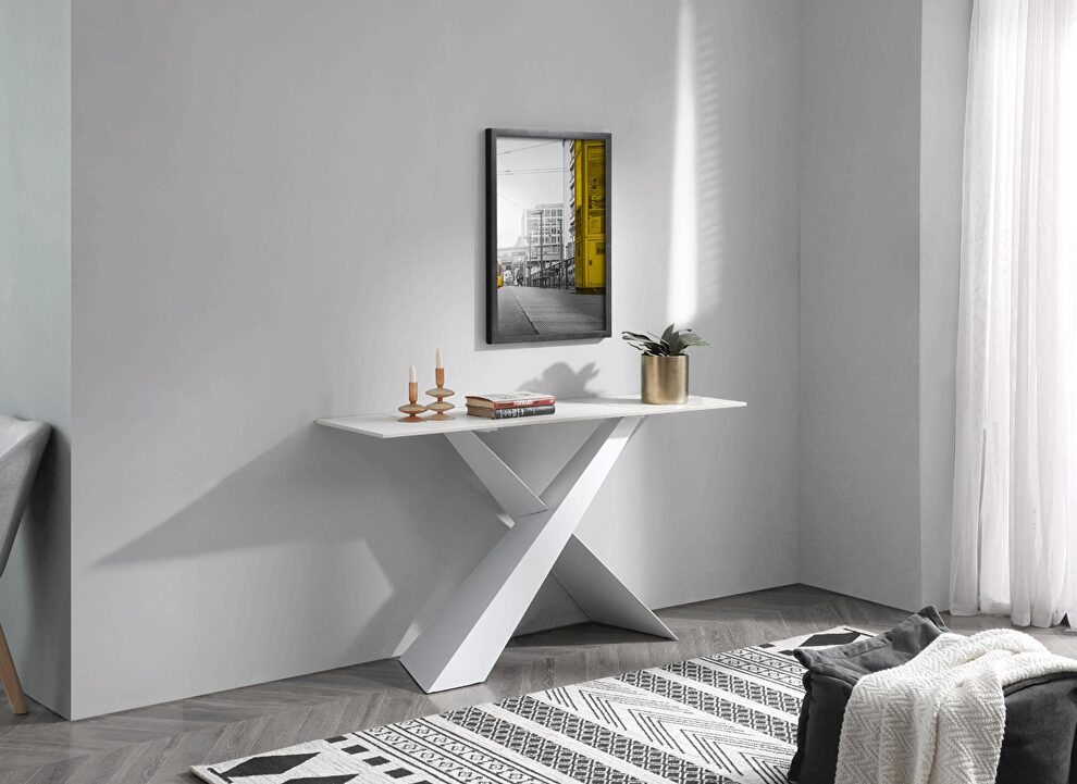 White / marble top console table / display. by ESF