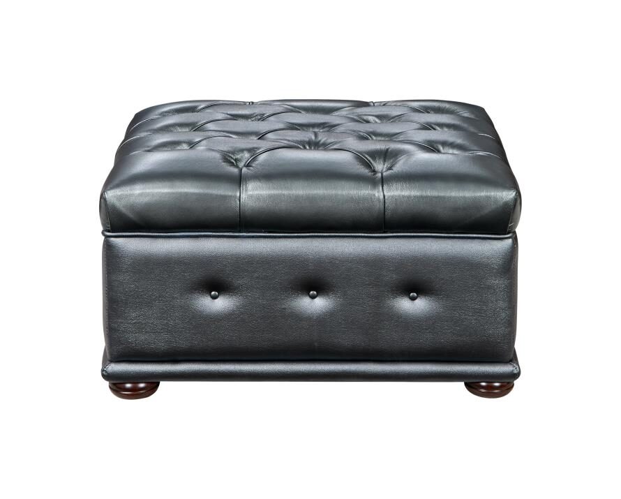 Deeply tufted custom made gray leather ottoman by ESF