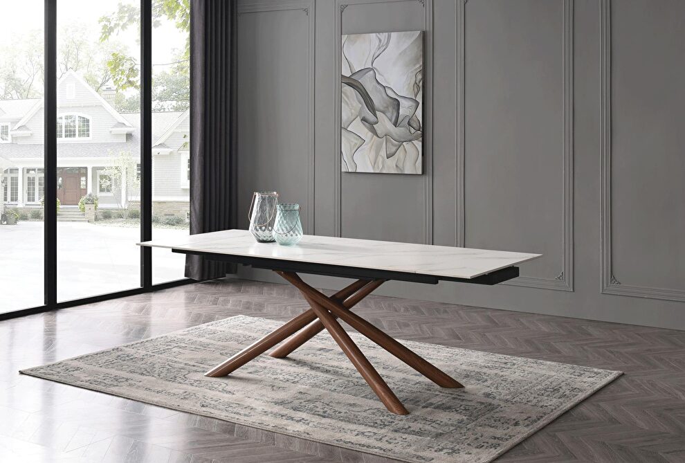 Marble-like top dining table w/ extensions and crossed legs base by ESF