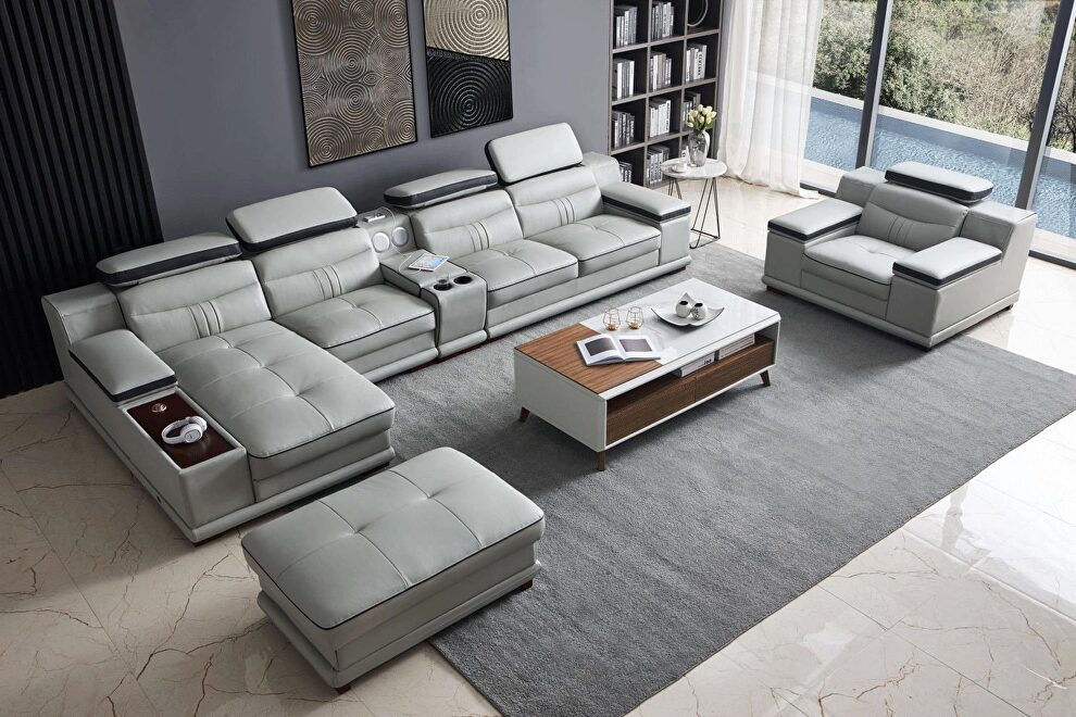 Elegant contemporary gray half leather left-facing sectional sofa by ESF