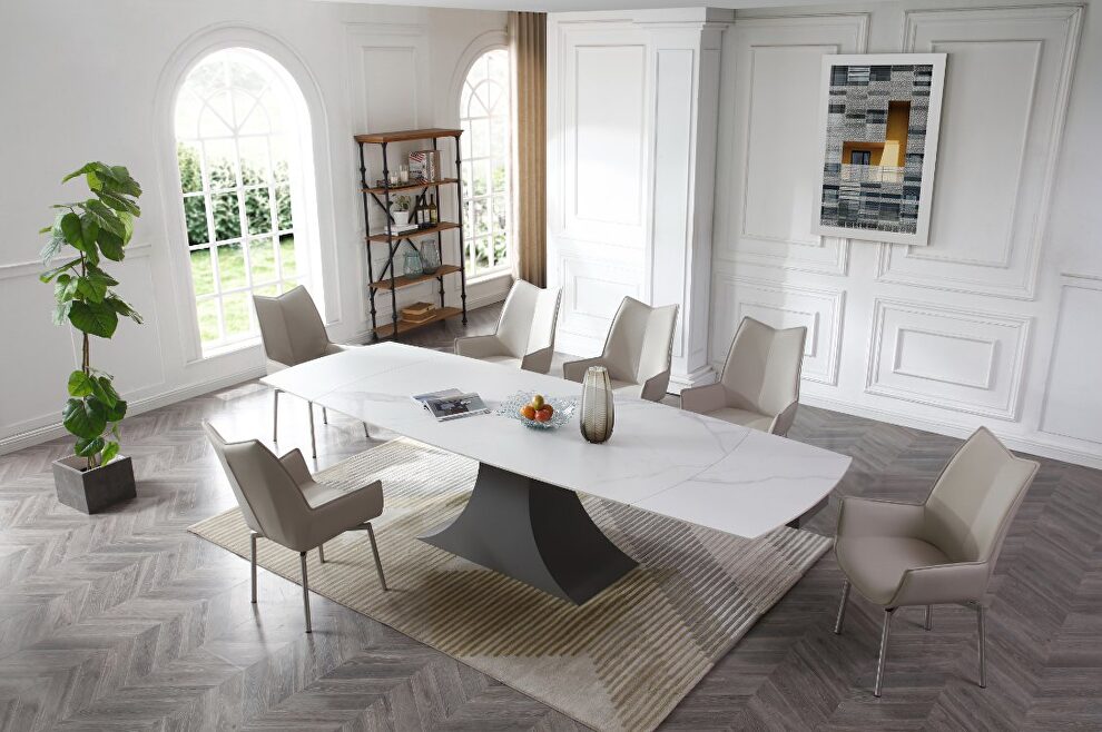 Two-extenions white ceramic top dining table by ESF