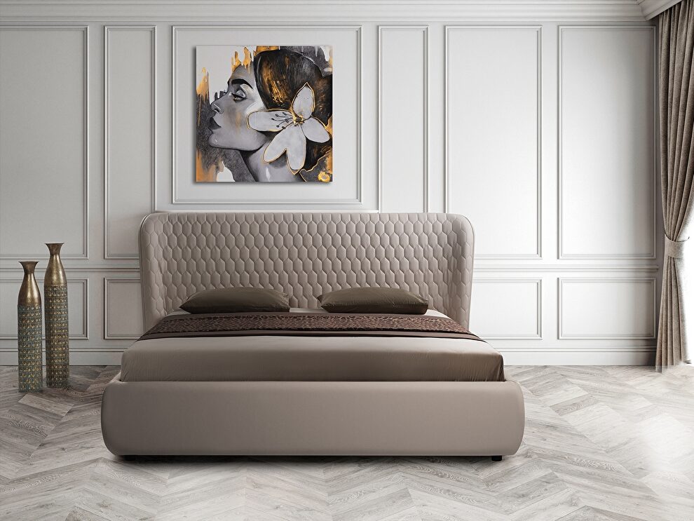 Stylish contemporary storage queen bed in taupe pu leather by Elegante Italia