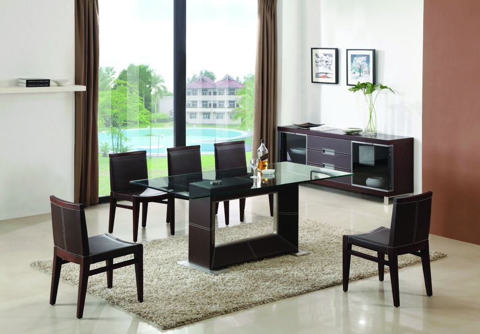 Glass/leather/chrome brown dining table by J&M