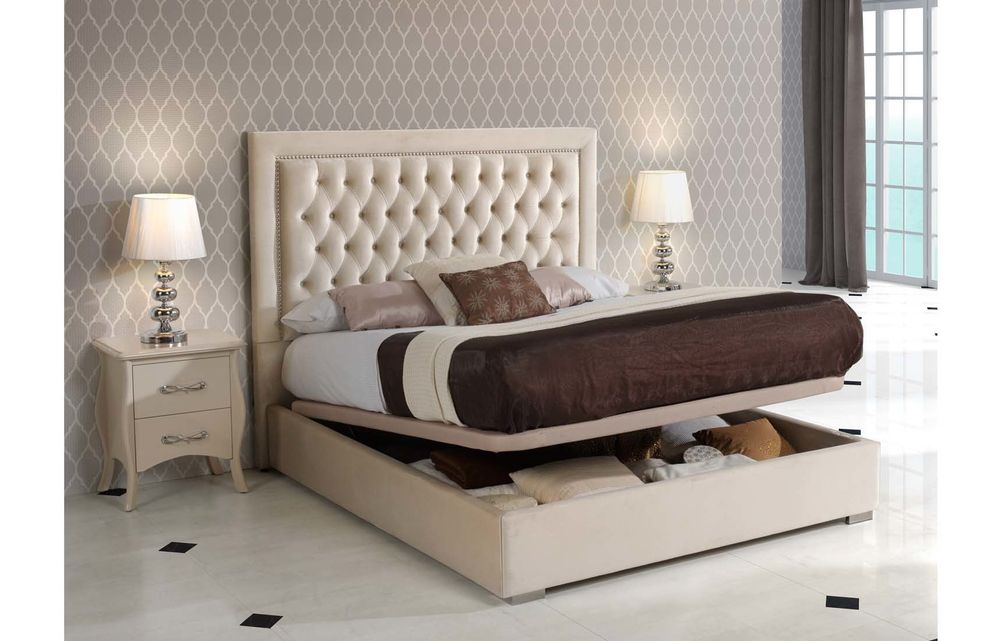 Ivory finish tufted hb king bed w/ storage by Dupen Spain