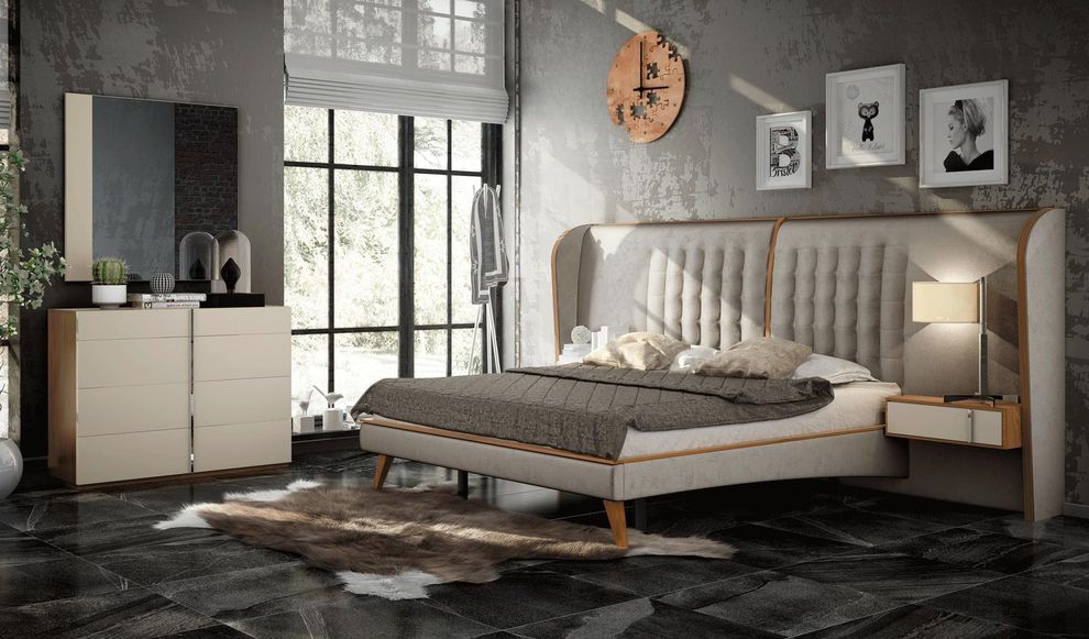 Spain-made natural wood / crema fabric contemporary king bed by Fenicia Spain