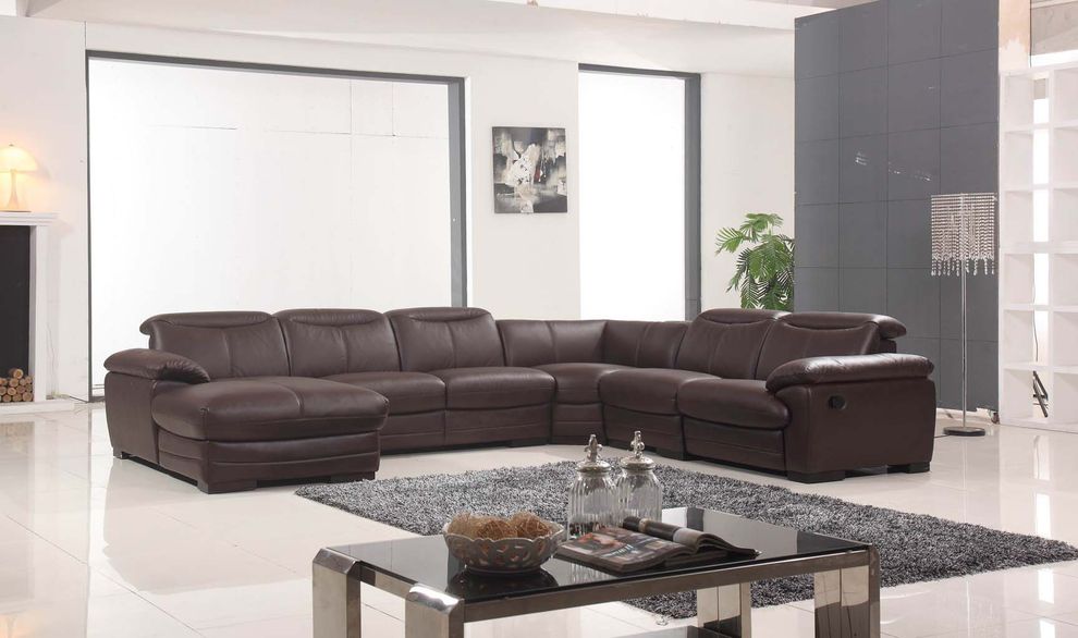 Espresso leather sectional couch with recliner in left shape by ESF
