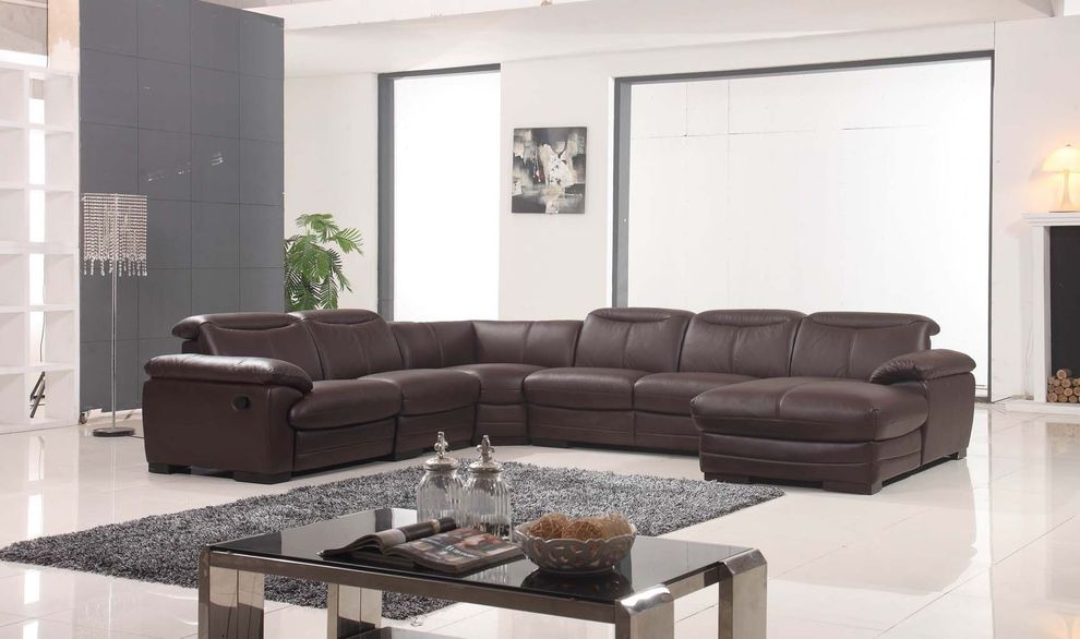 Espresso leather sectional couch with recliner by ESF