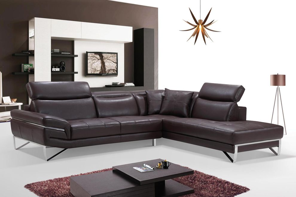 Dark chocolate leather sectional w/ metal legs by ESF