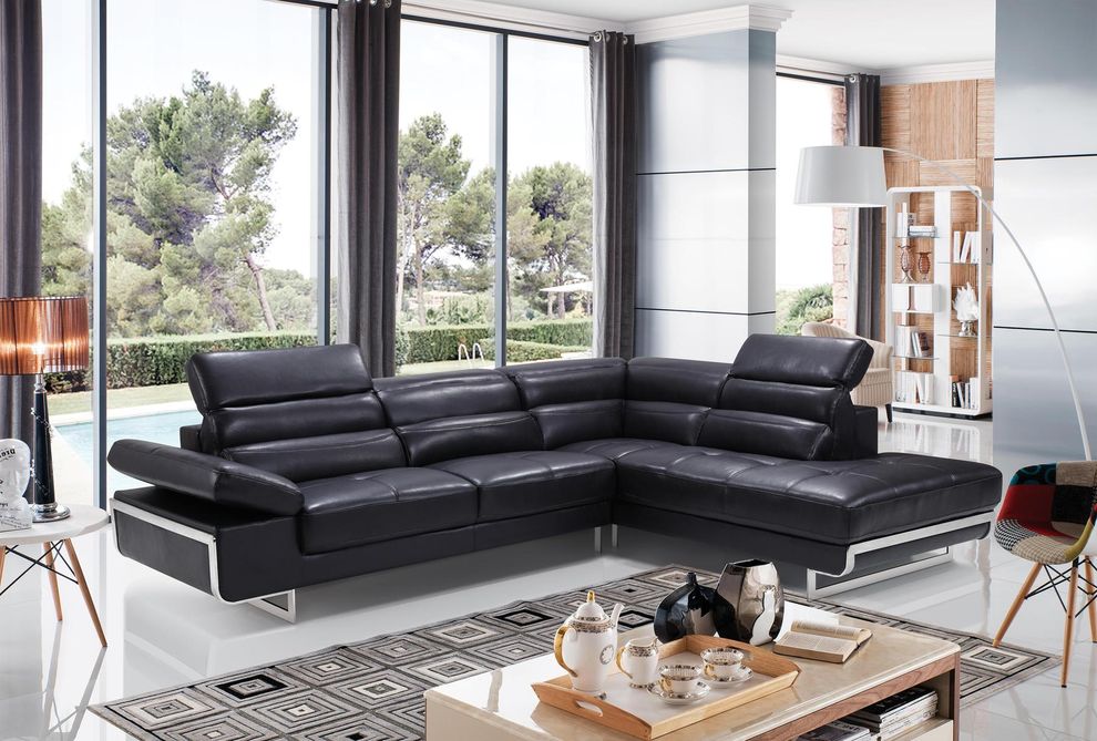 Quality black leather ultra-modern sectional w/ adjustable headrest by ESF