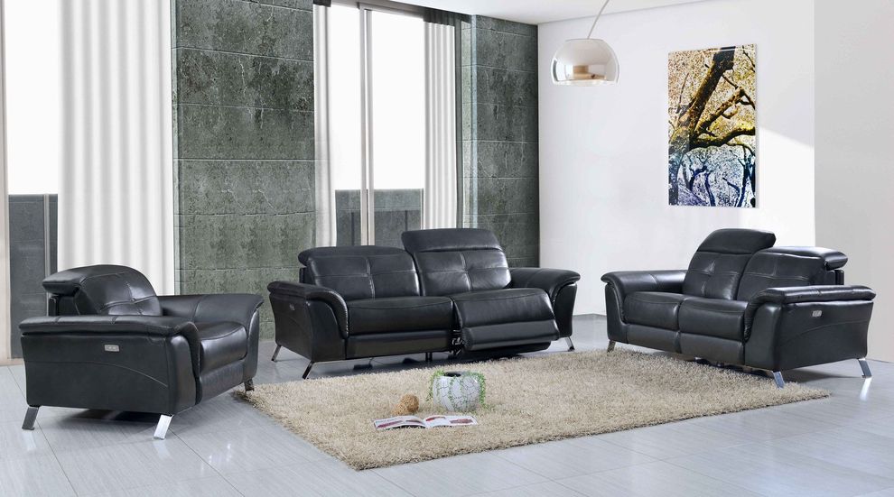 Dark gray leather sofa w/ adjustable headrests by ESF