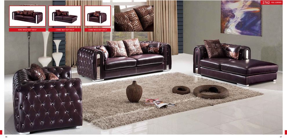 Tufted button design full brown leather sofa by ESF