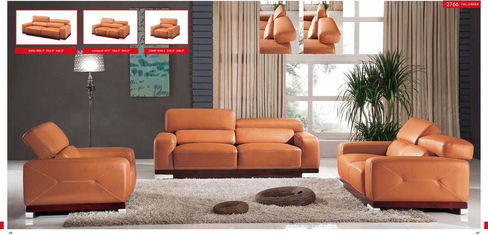 Italian orange leather sofa w/ adjustable headrests by ESF