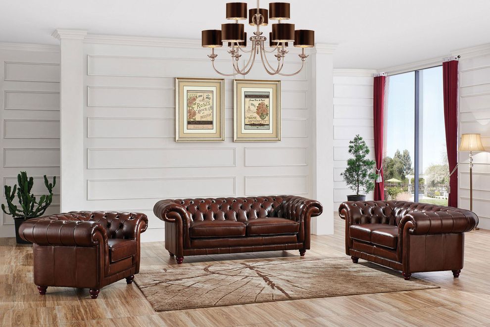 Tufted button style sofa in brown leather by ESF