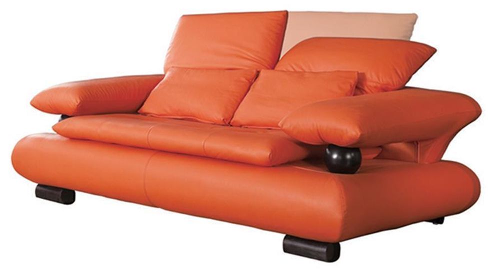 Designer orange leather loveseat w/ ball arm support by ESF