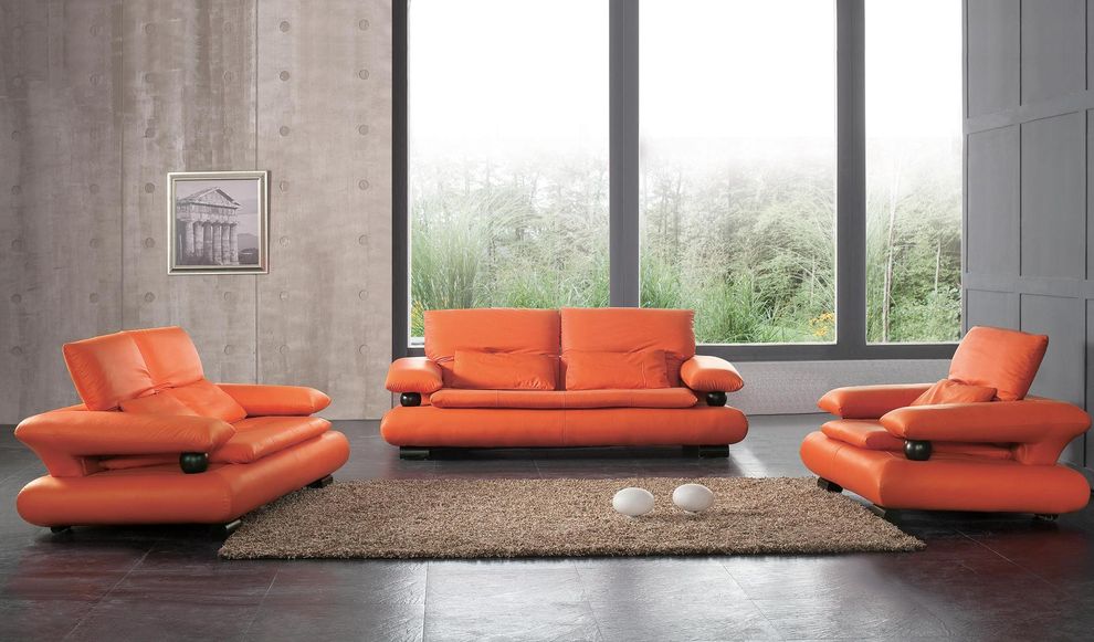 Designer orange leather sofa w/ ball arm support by ESF