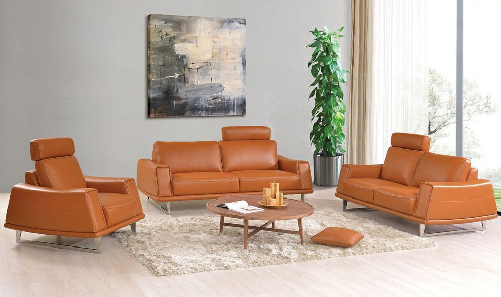 Orange leather modern sofa w/ head support by ESF