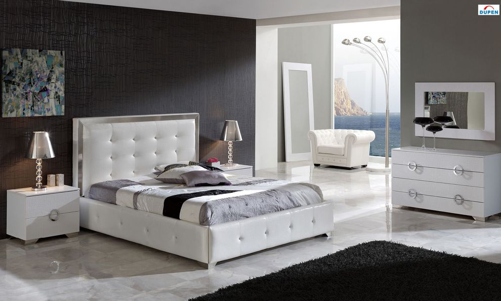 Rich white leather glam platform bed w/ storage by ESF