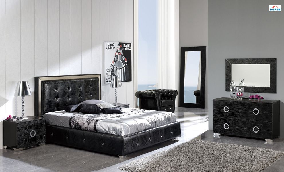 Rich black leather glam platform bed w/ storage by ESF