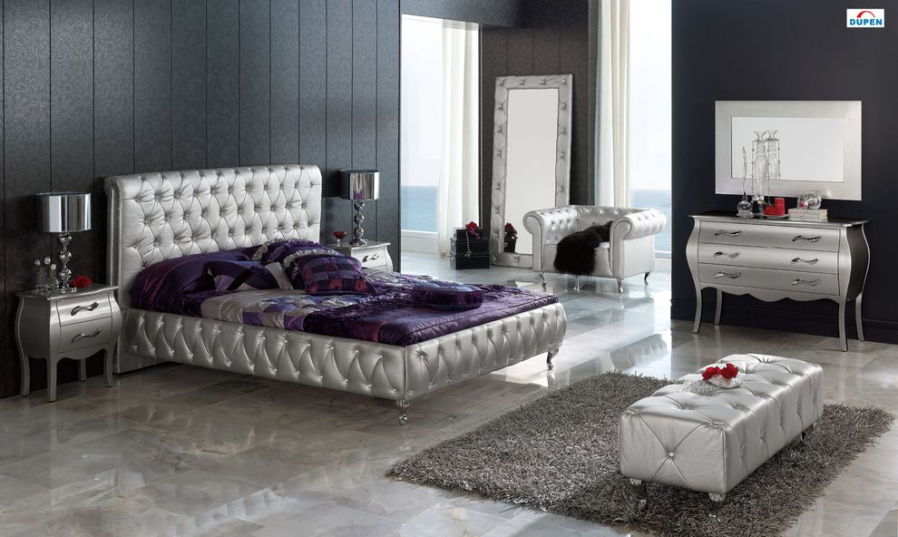 Silver tufted fabric glam modern king bed by ESF