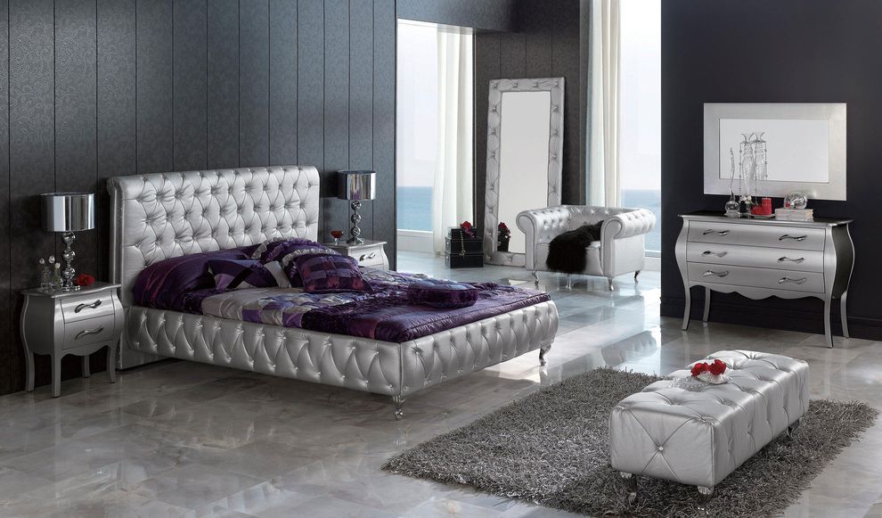 Silver modern platform bed with tufting all around by ESF