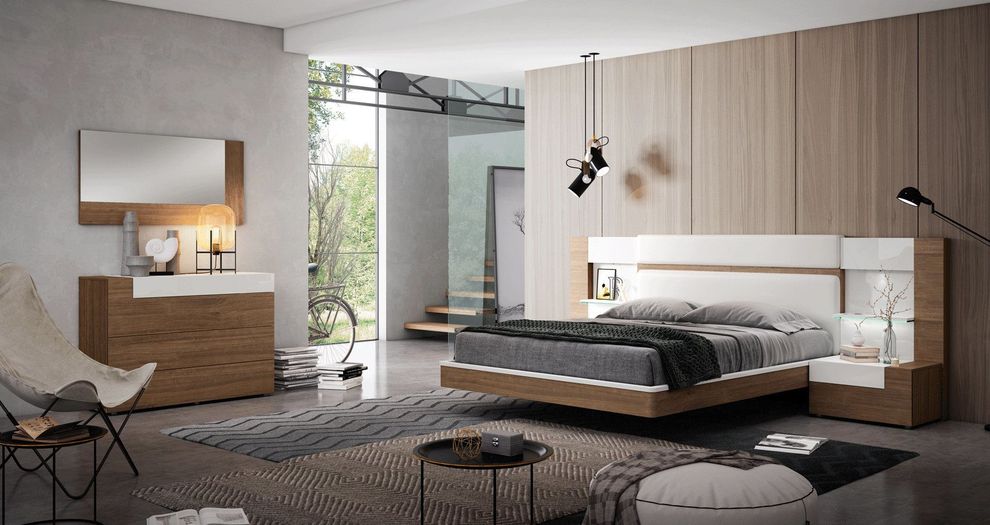 Walnut wood / white eco leather Spanish modern bed by Garcia Sabate Spain