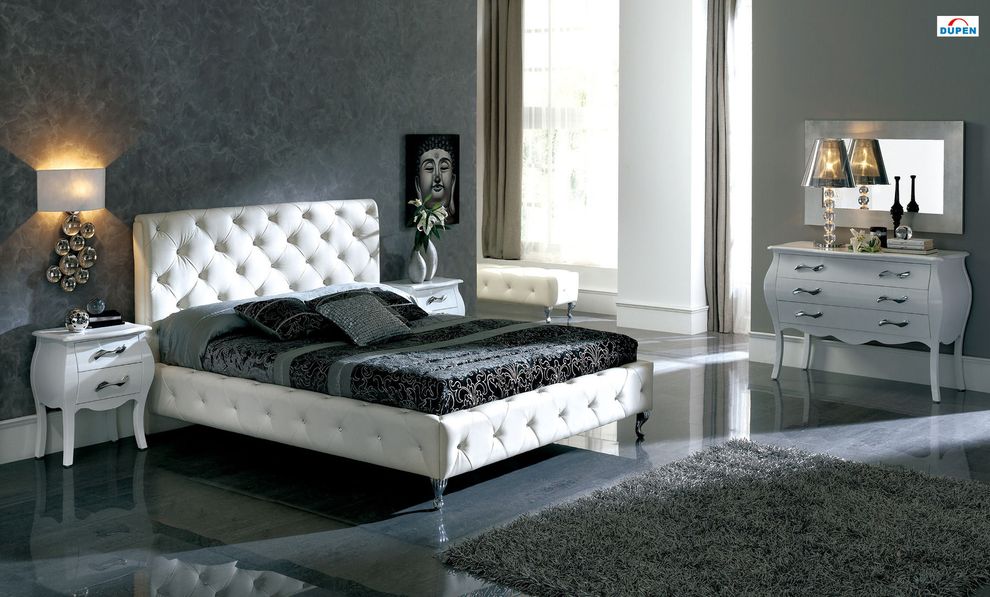 Modern white king bed w/ tufted button headboard by ESF