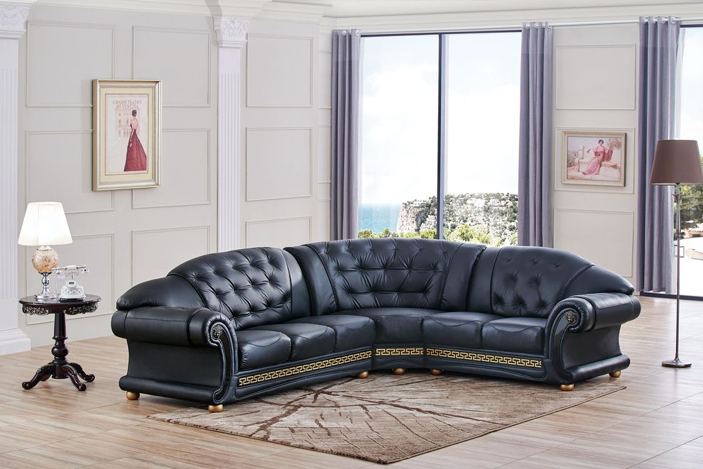 Italian left-facing black leather sectional in royal tufted design by ESF