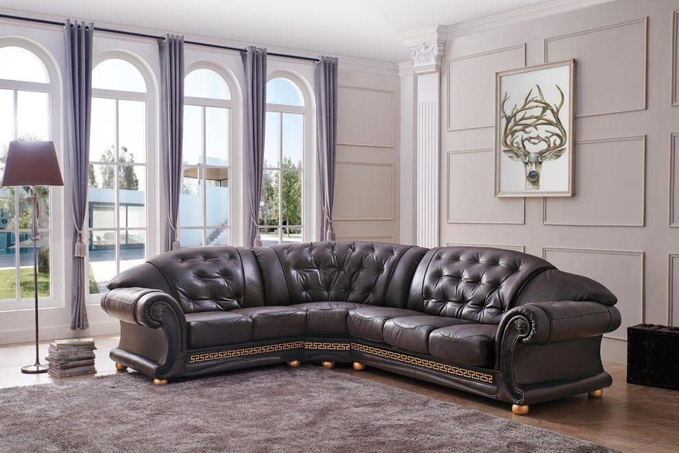 Italian brown leather sectional in royal tufted design by ESF