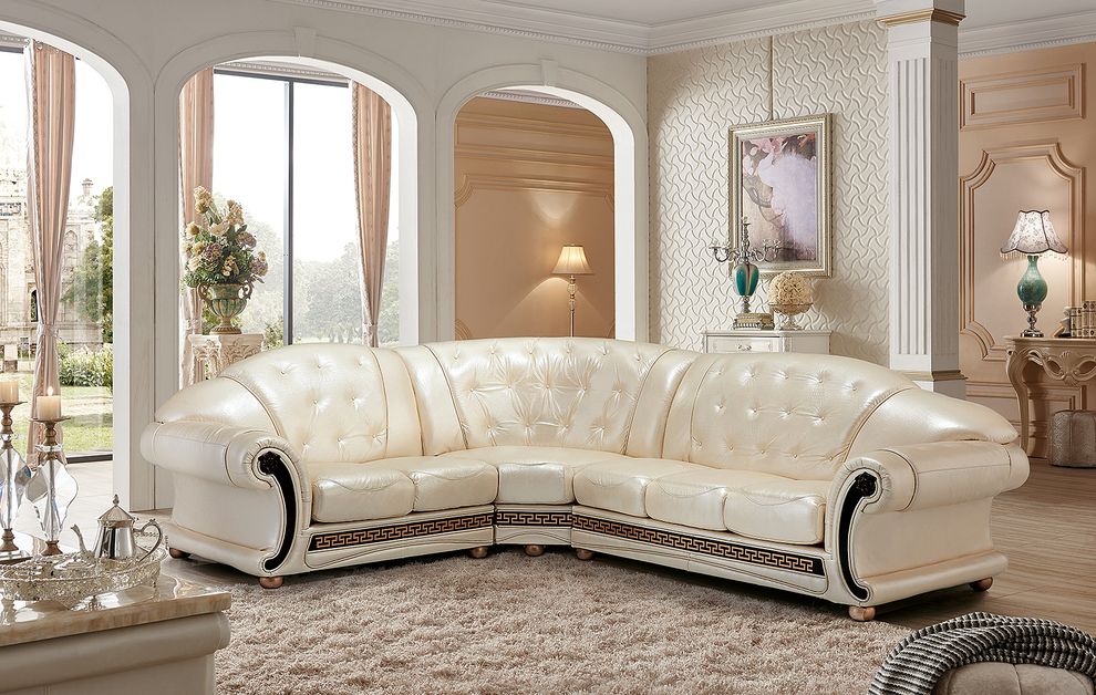 Italian left-facing pearl leather sectional in royal tufted design by ESF