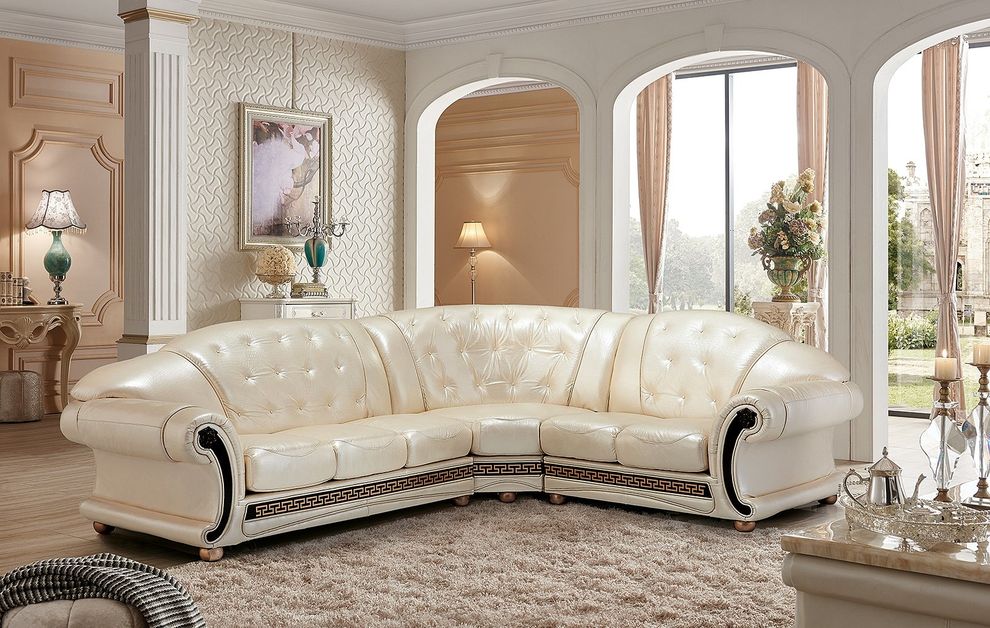 Italian right-facing pearl leather sectional in royal tufted design by ESF