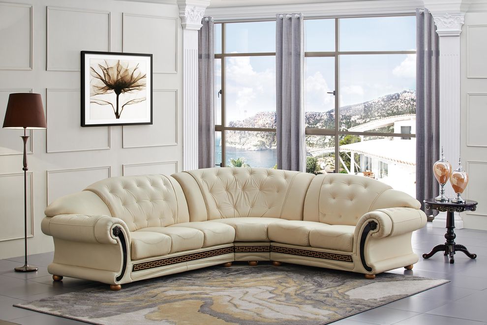 Italian right-facing ivory leather sectional in royal tufted design by ESF