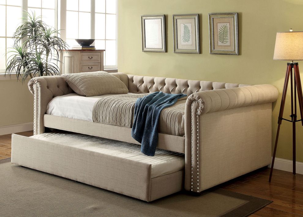 Tufted beige fabric daybed w/ trundle by Furniture of America