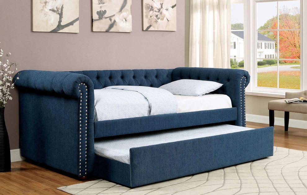 Tufted dark teal fabric daybed w/ trundle by Furniture of America