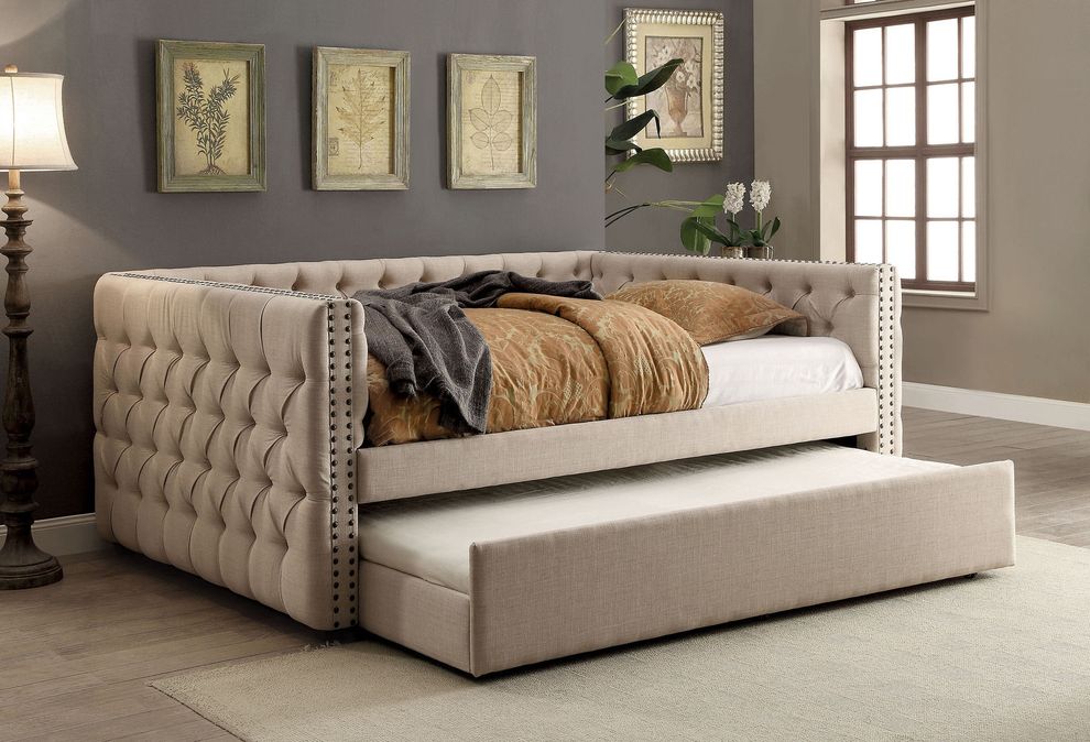 Linen fabric tufted sides and back daybed w/ optional trundle by Furniture of America