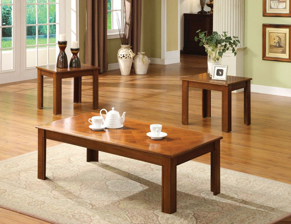 Medium oak finish 3pcs coffee table set by Furniture of America