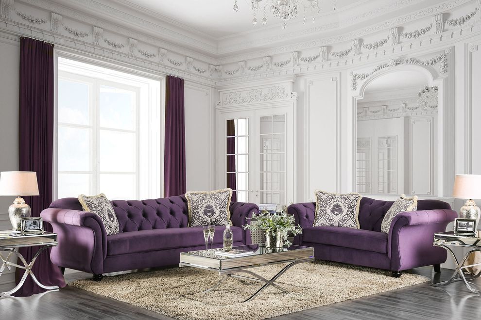 Royal style tufted sofa in purple fabric by Furniture of America