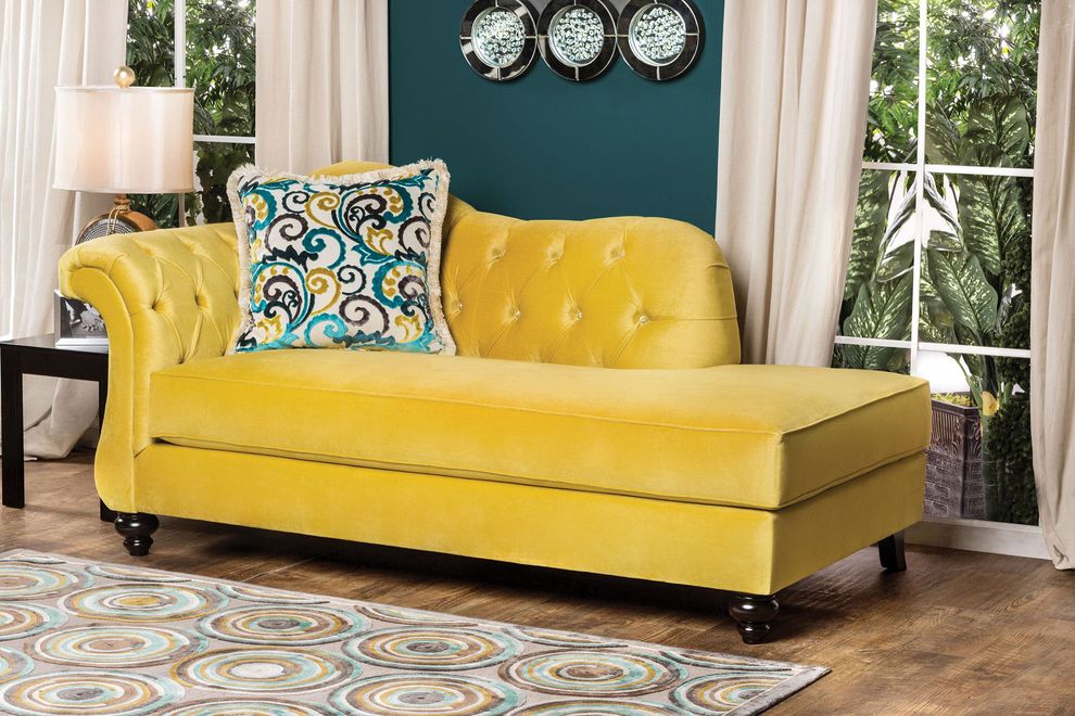Royal style tufted chaise in yellow fabric by Furniture of America