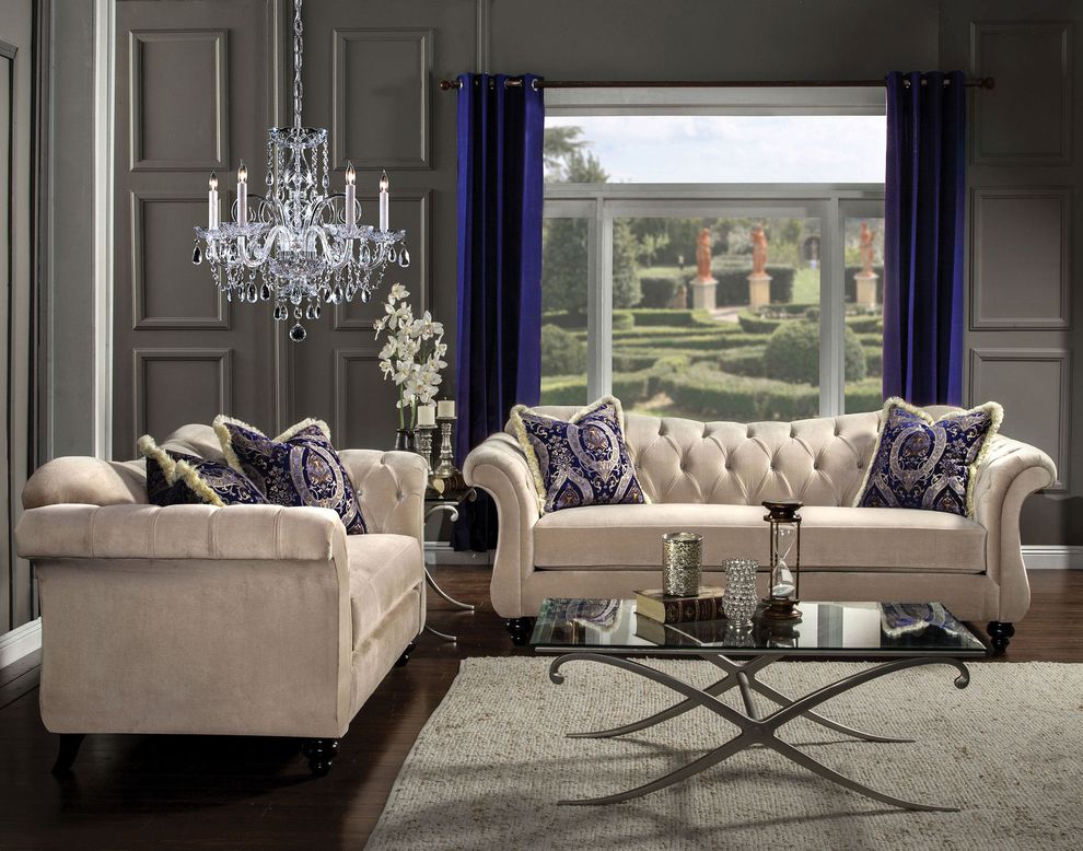 Royal style tufted sofa in light mocha fabric by Furniture of America